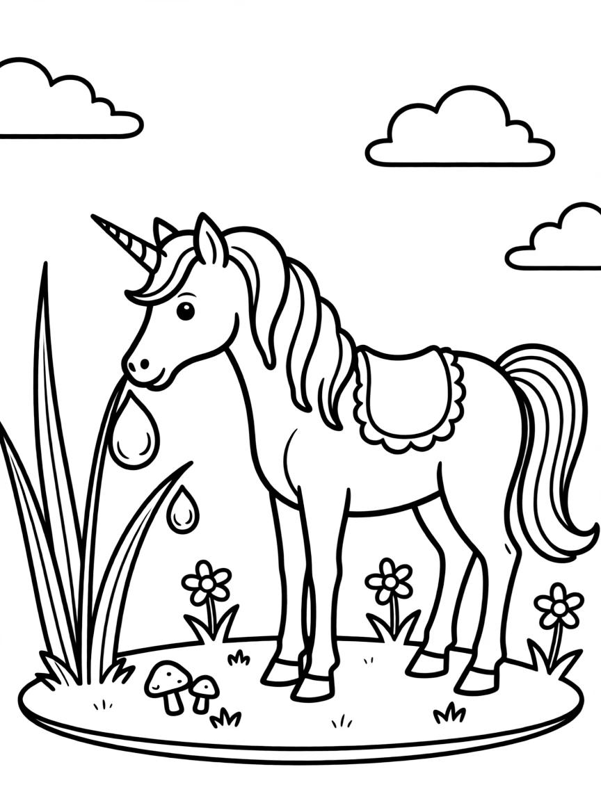 Unicorn collecting dewdrops in the early morning