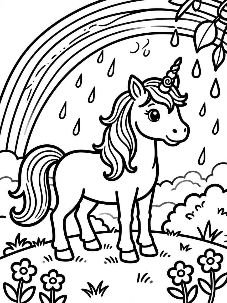 Unicorn creating rainbows after a gentle rain