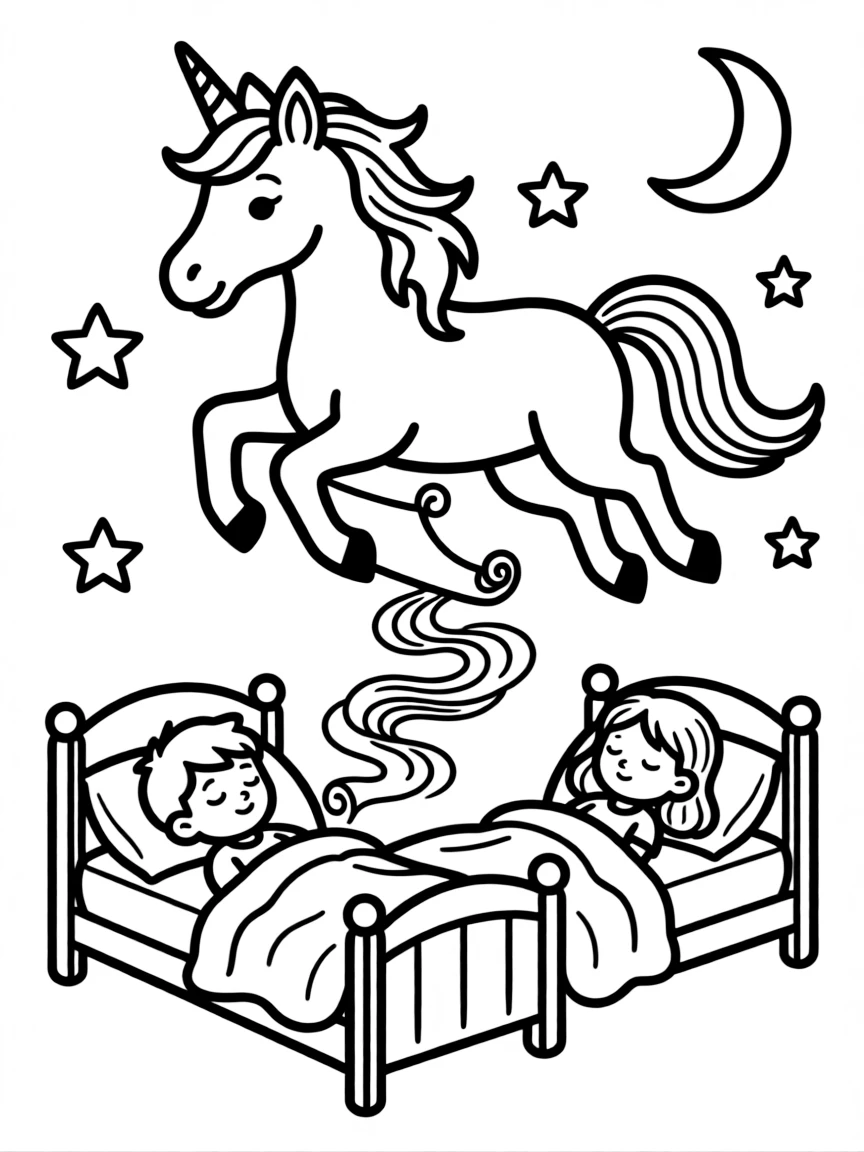 Unicorn delivering dream messages to sleeping children