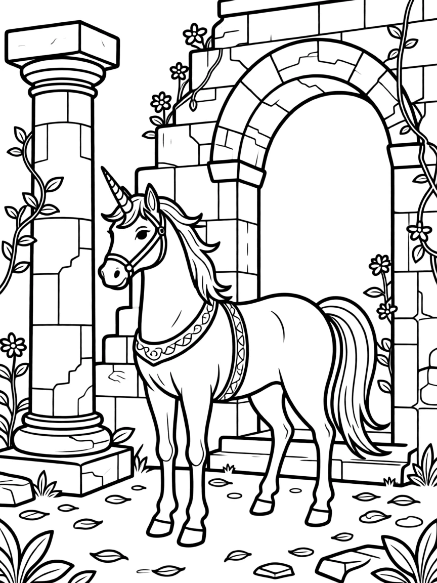 Unicorn guardian of an ancient temple ruins
