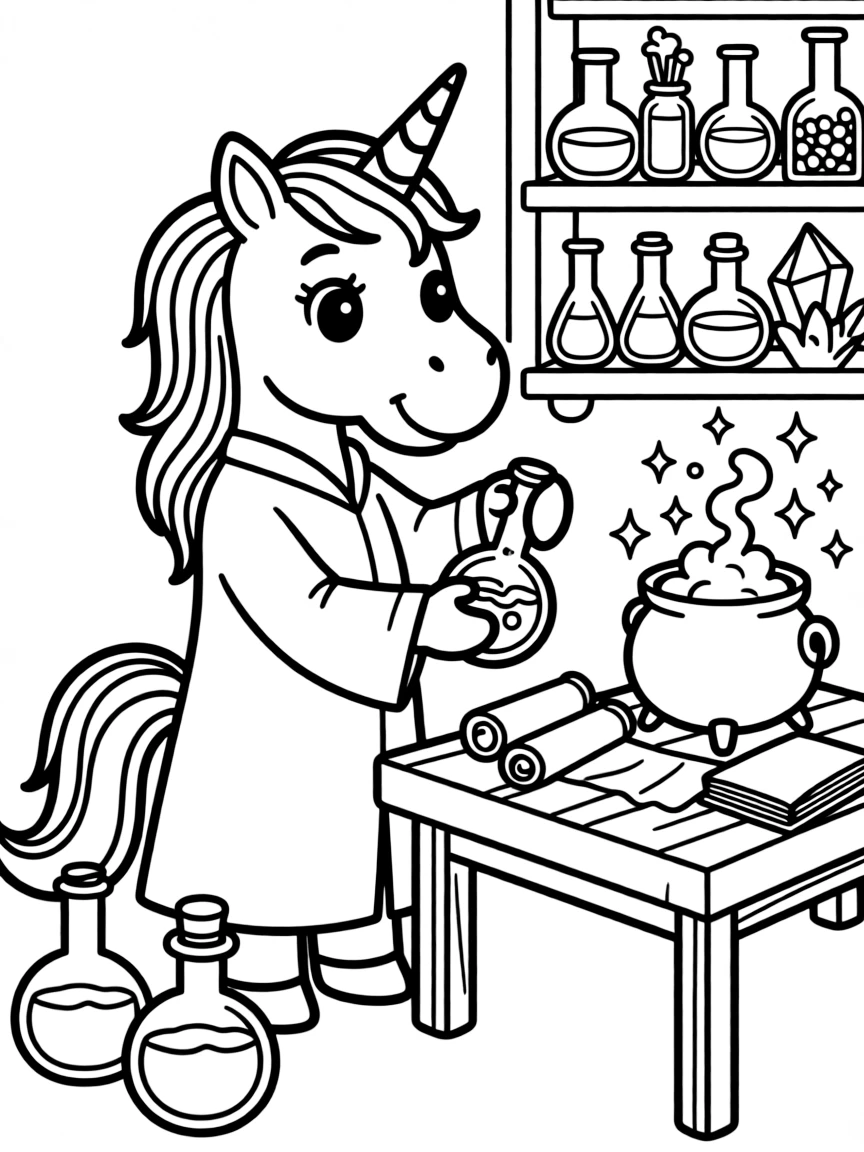 Unicorn alchemist mixing potions in a magical laboratory