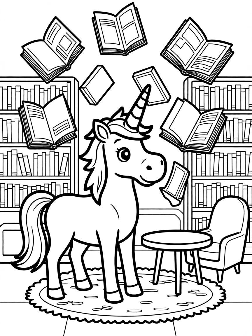 Unicorn bookstore filled with floating books