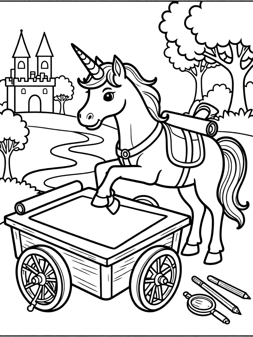 Unicorn cartographer mapping fairy tale lands