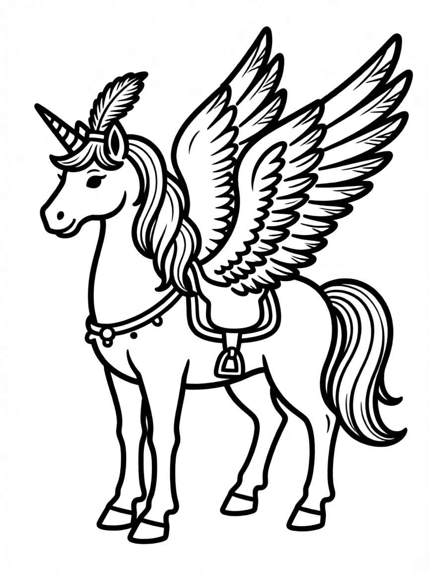 Bird-like unicorn with feathered wings and tail