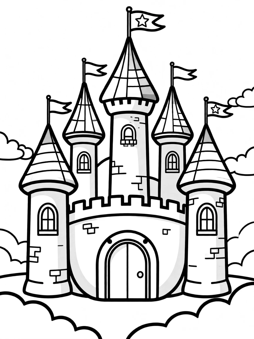 Unicorn castle with rainbow towers and star flags