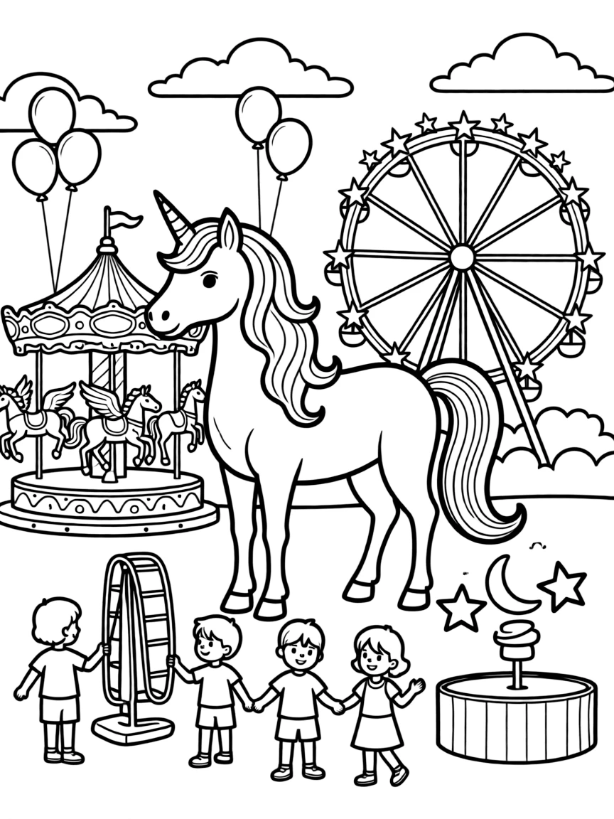Unicorn carnival with fantasy rides and games