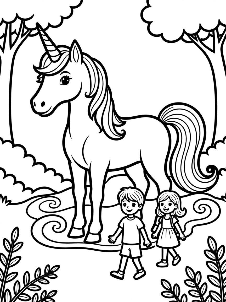 Unicorn guiding lost travelers through enchanted fog