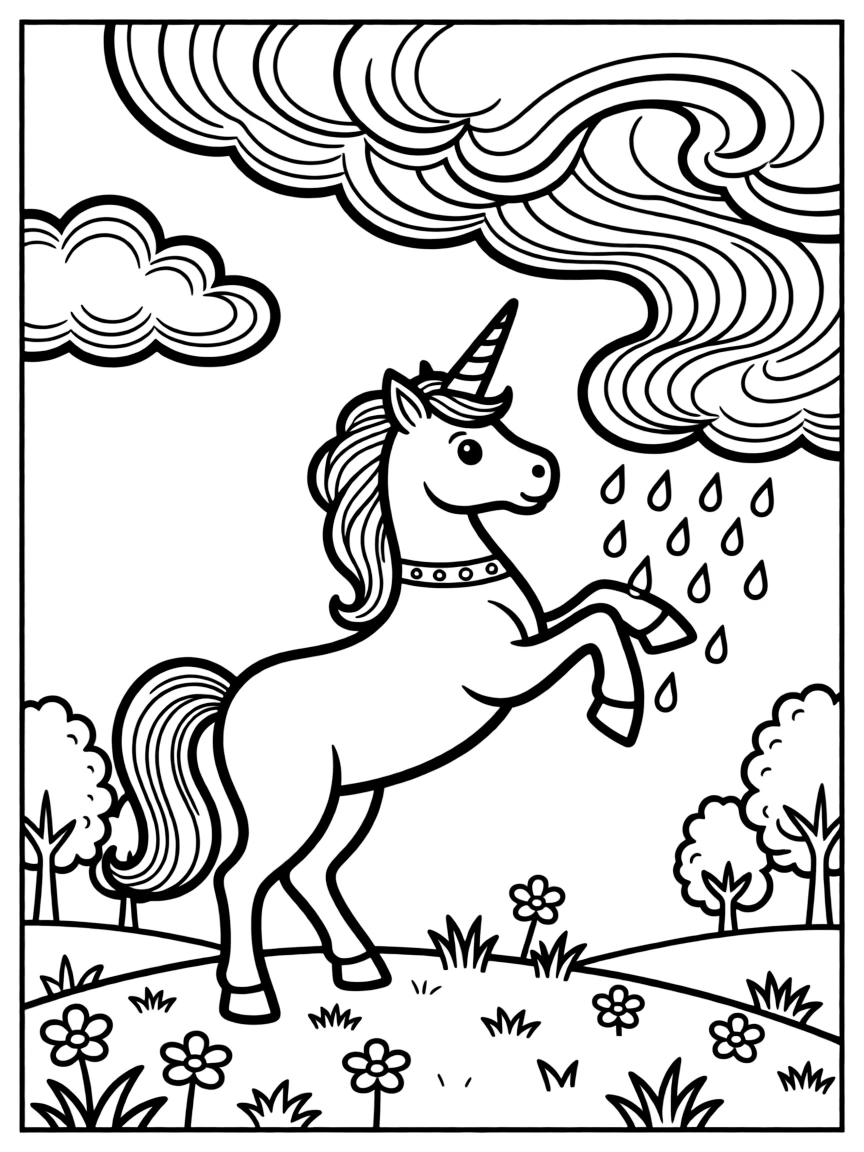 Unicorn transforming storm clouds to gentle rain