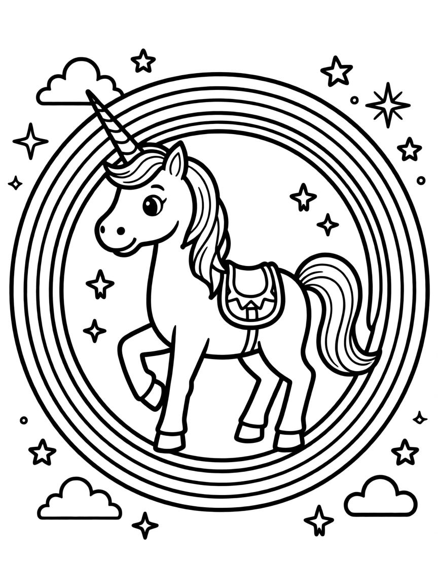 Unicorn connecting rainbows to form a circular path