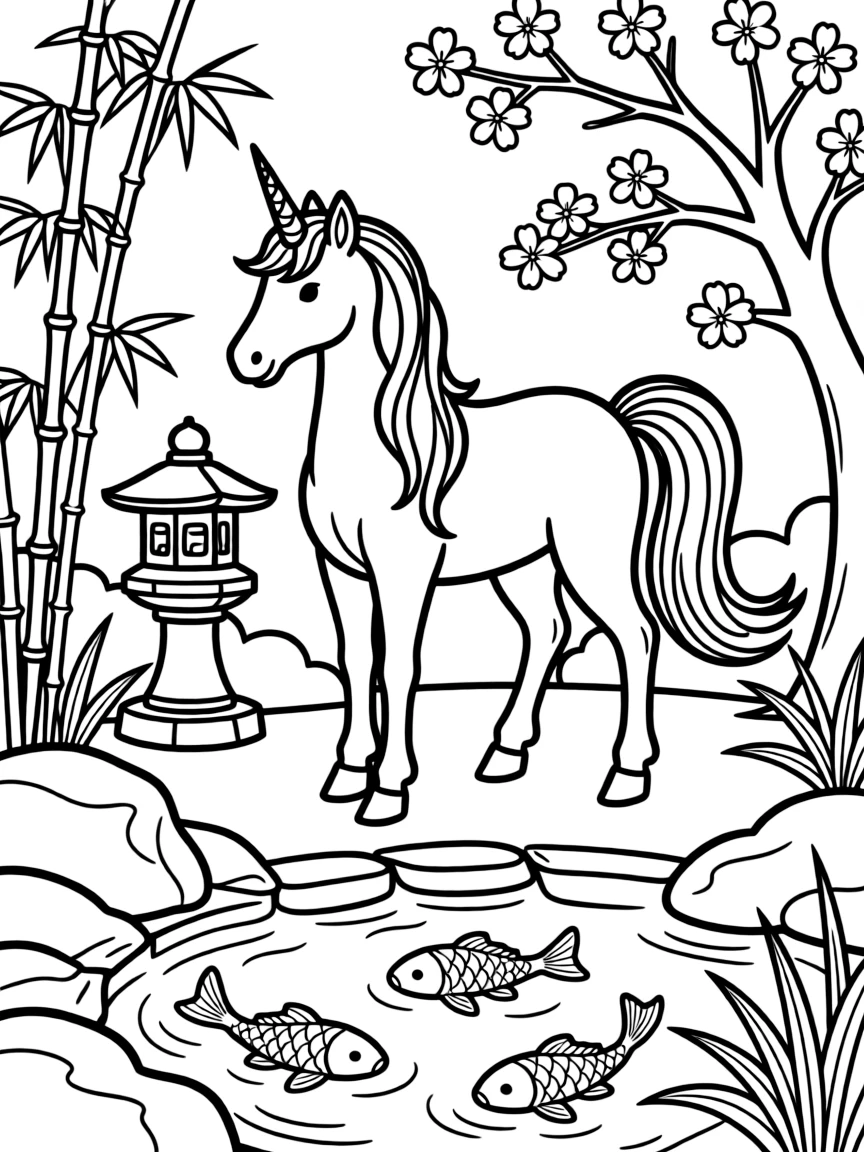 Unicorn in traditional Japanese garden with koi pond