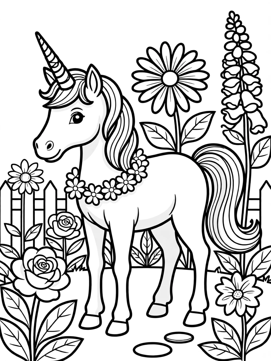 Unicorn amidst English cottage garden flowers