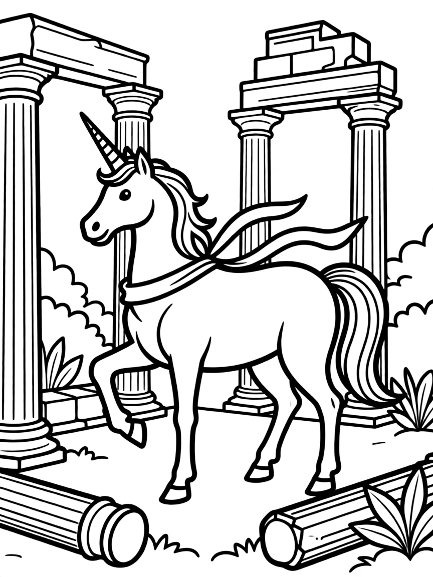Unicorn at Roman temple ruins with columns