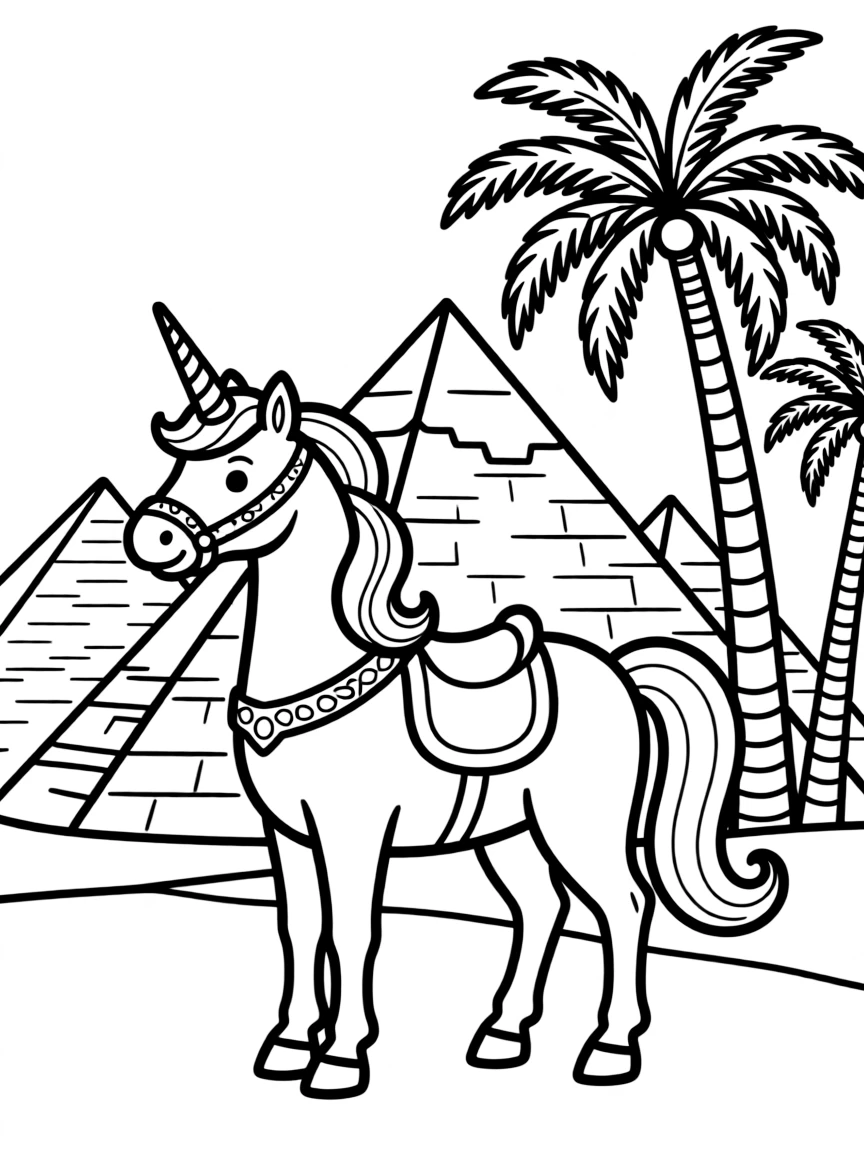 Unicorn at Egyptian pyramids and palm trees