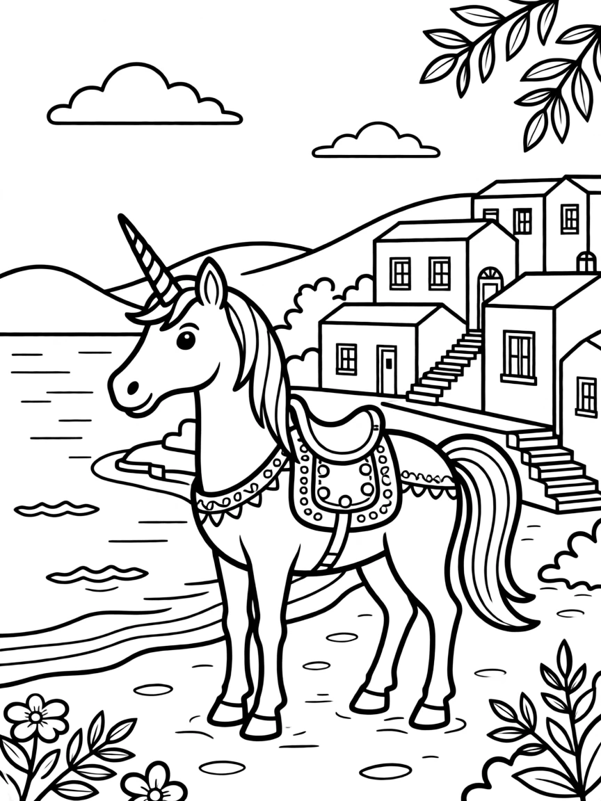 Unicorn at Greek island with white buildings