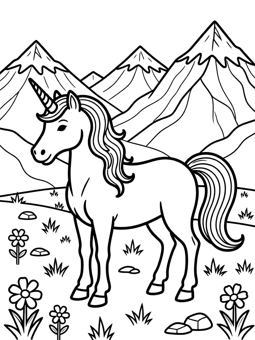 Unicorn at Swiss alpine meadow with mountains