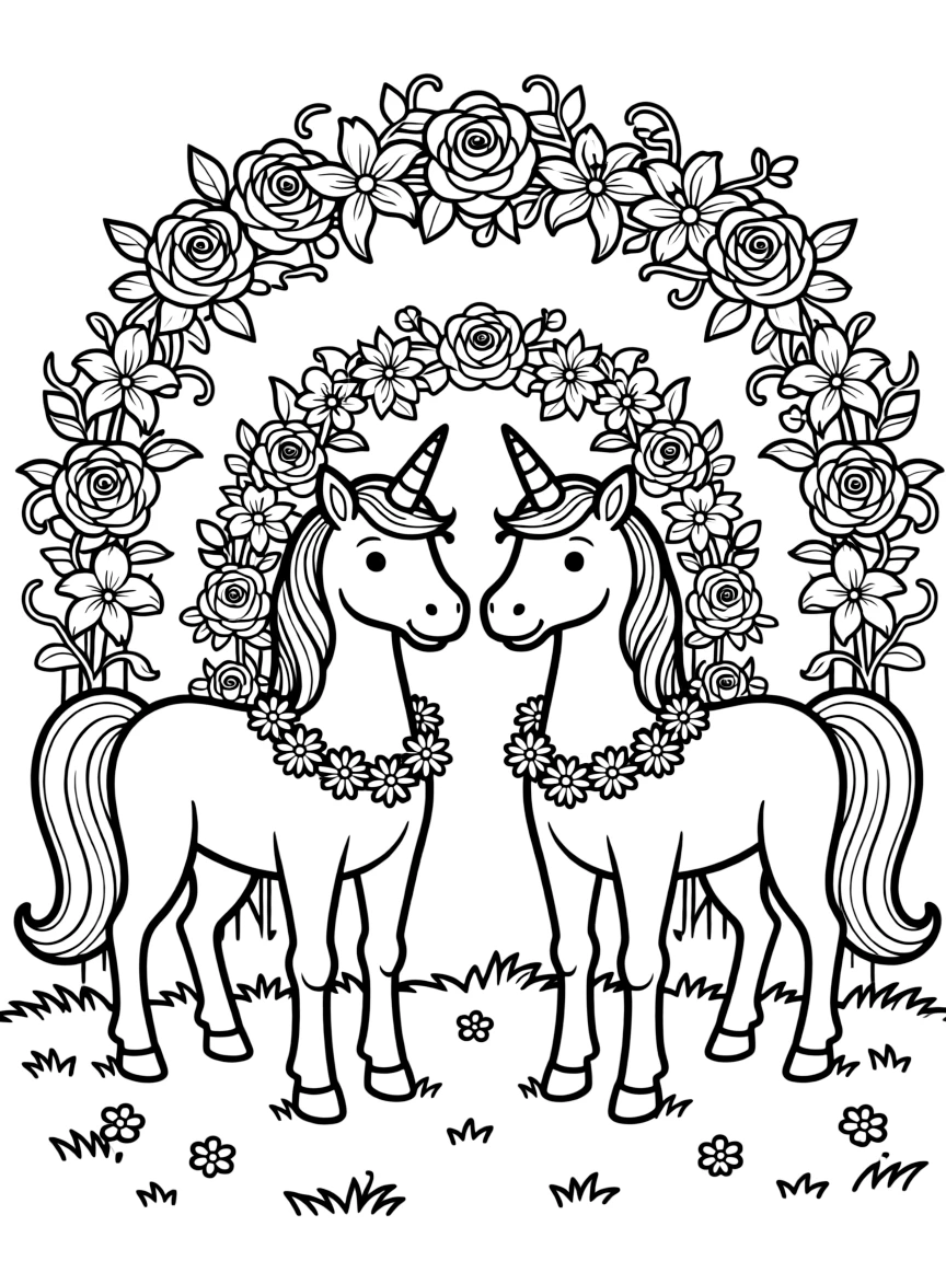 Unicorn wedding ceremony with flower arches