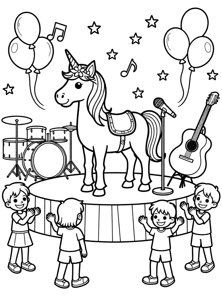 Unicorn music festival with stage and instruments