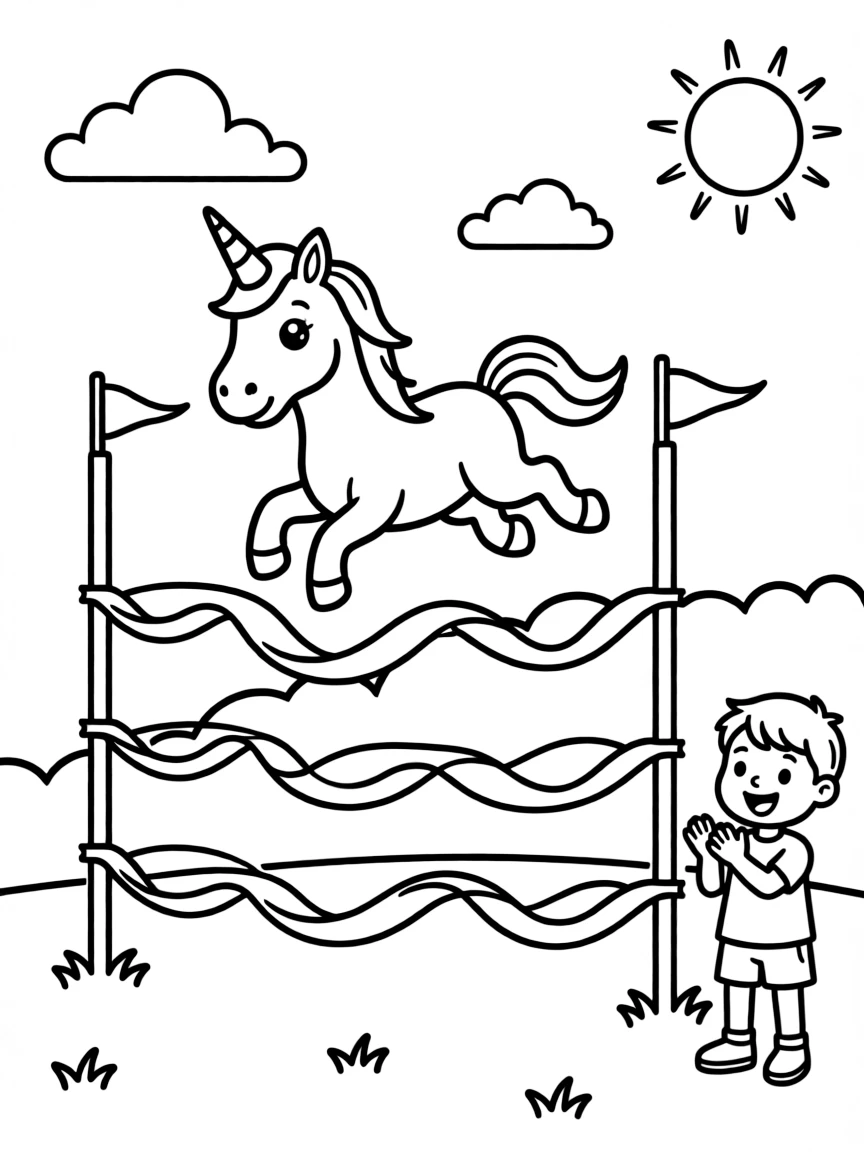 Unicorn sporting event with ribbon obstacle course