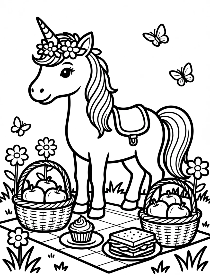 Unicorn picnic with treat-filled baskets