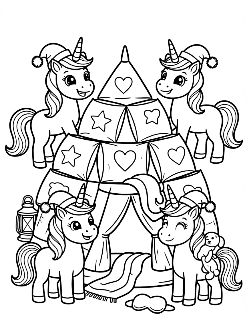 Unicorn slumber party with pillow fort