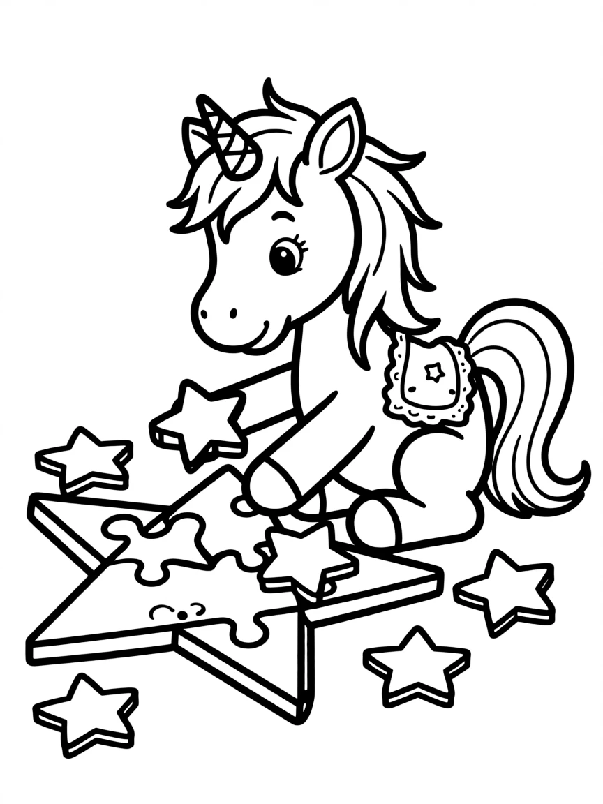 Unicorn assembling a puzzle of stars