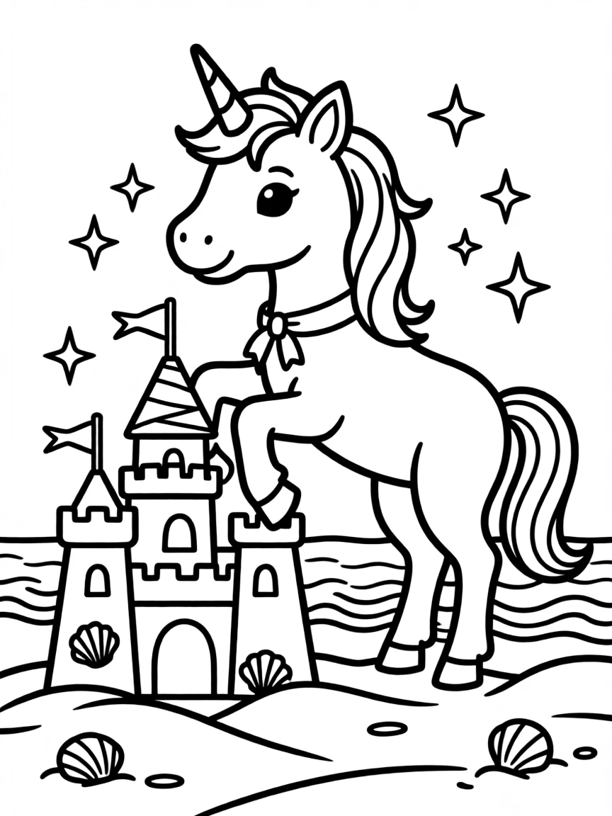 Unicorn building a sandcastle on magical beach