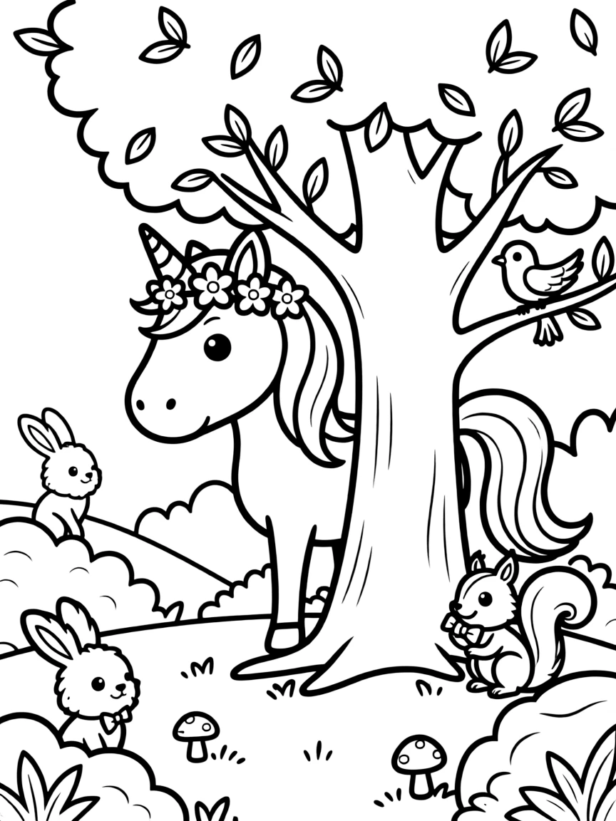 Unicorn playing hide and seek with forest creatures