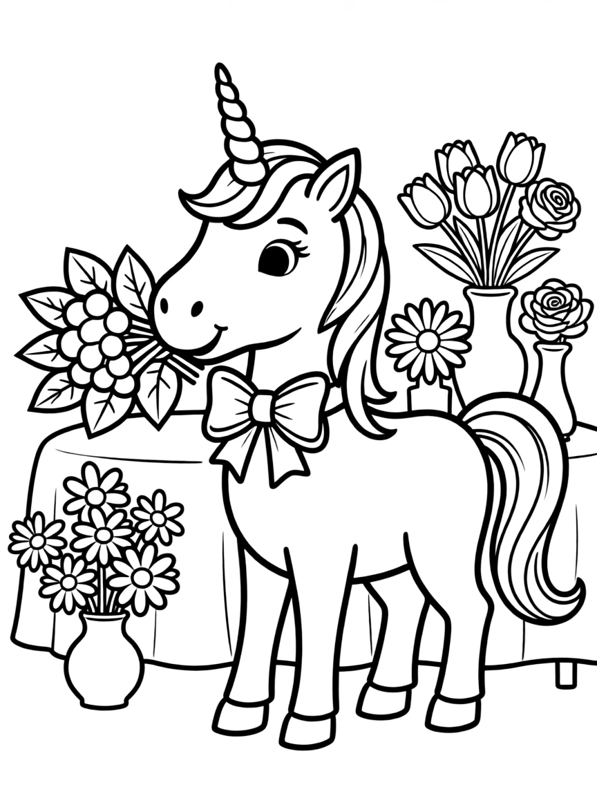 Unicorn competing in a flower arrangement contest