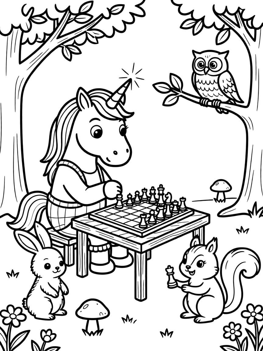 Unicorn playing chess with woodland creatures