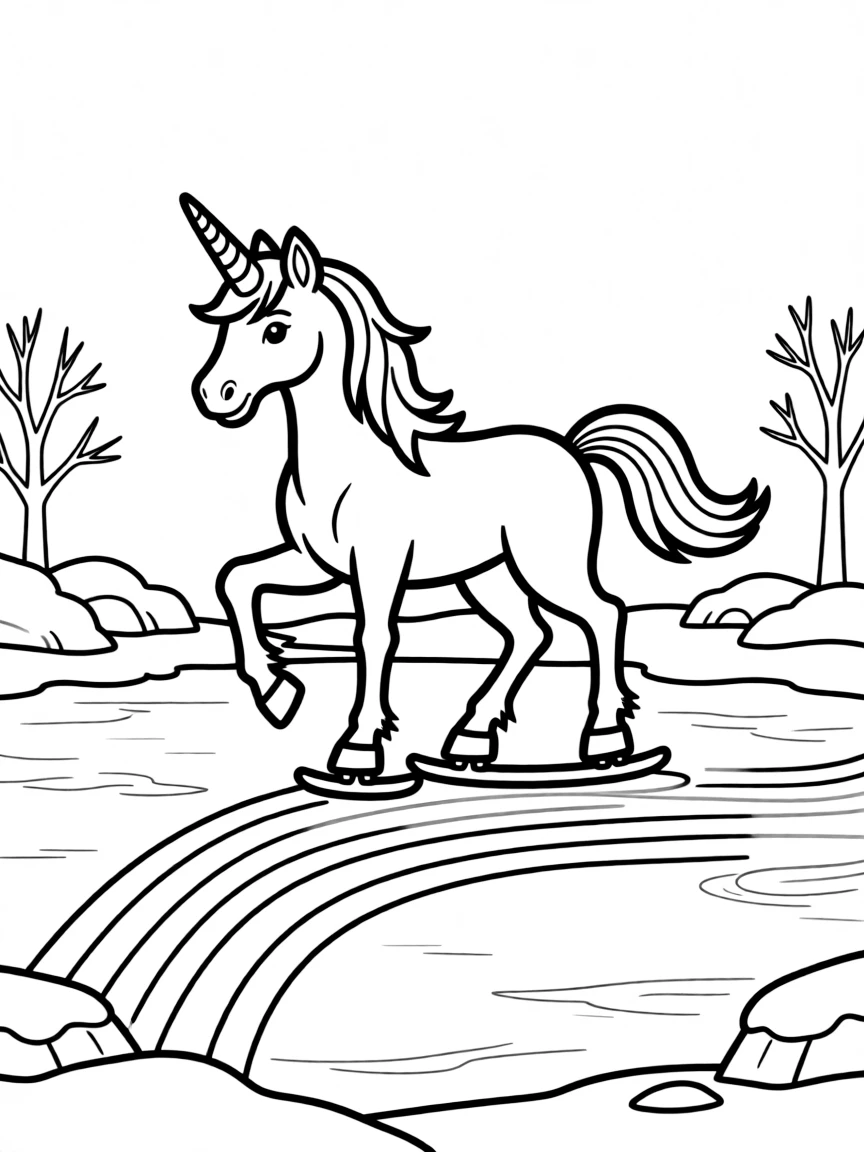 Unicorn skating on frozen rainbow lake