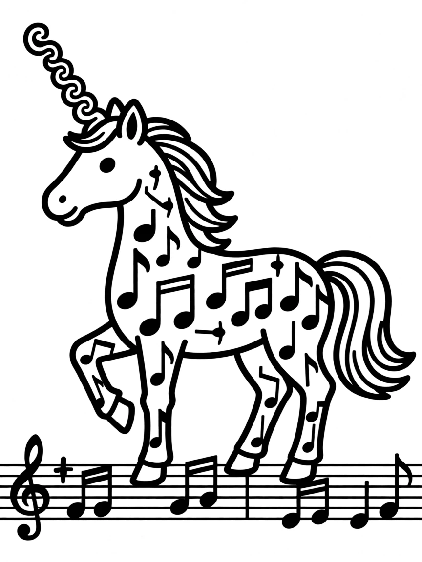 Unicorn formed from musical notes on sheet music