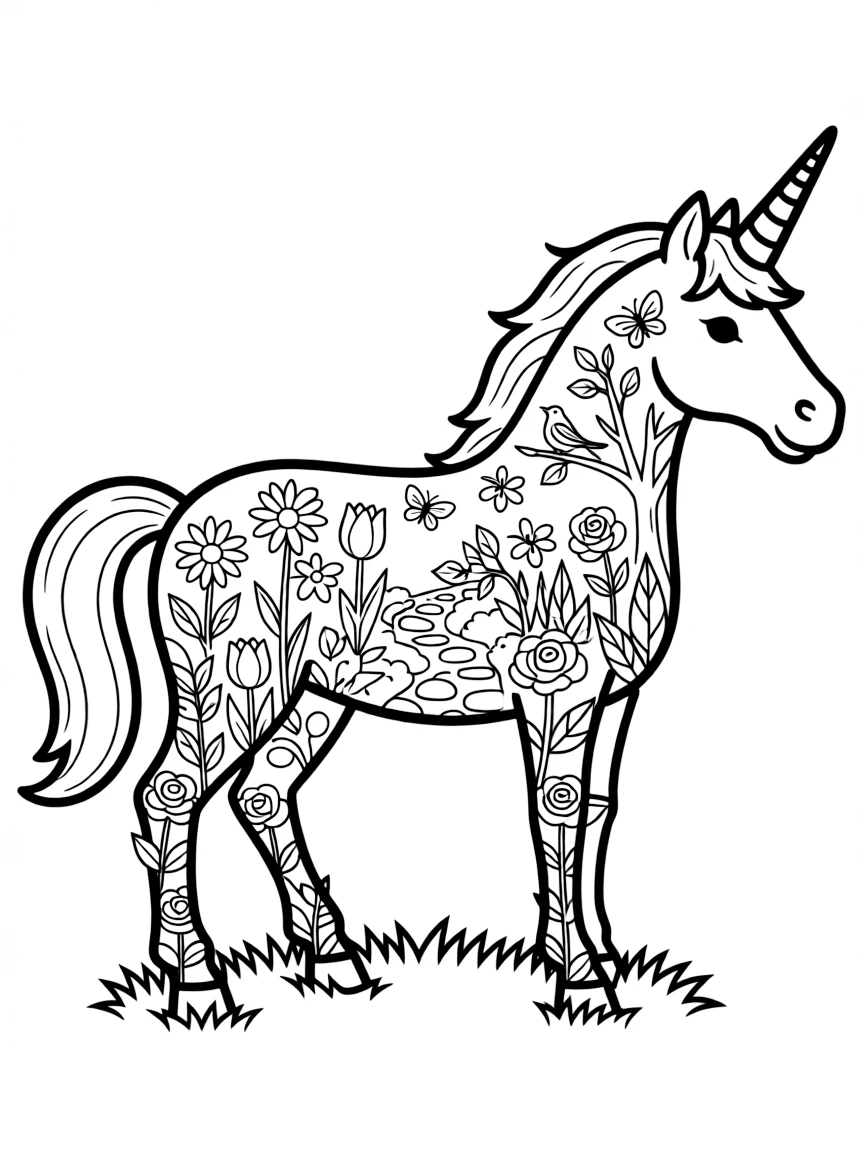 Unicorn silhouette filled with detailed garden scene
