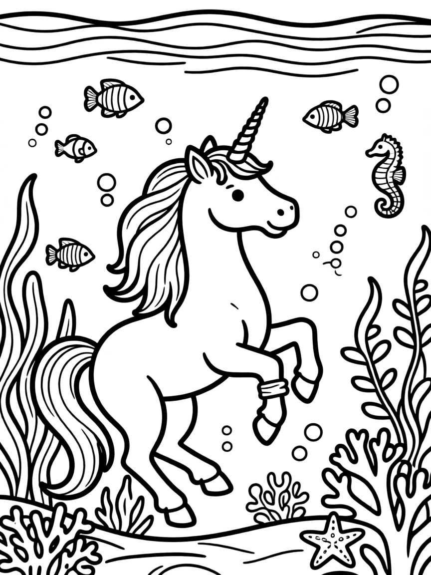 Unicorn outline containing underwater ocean world