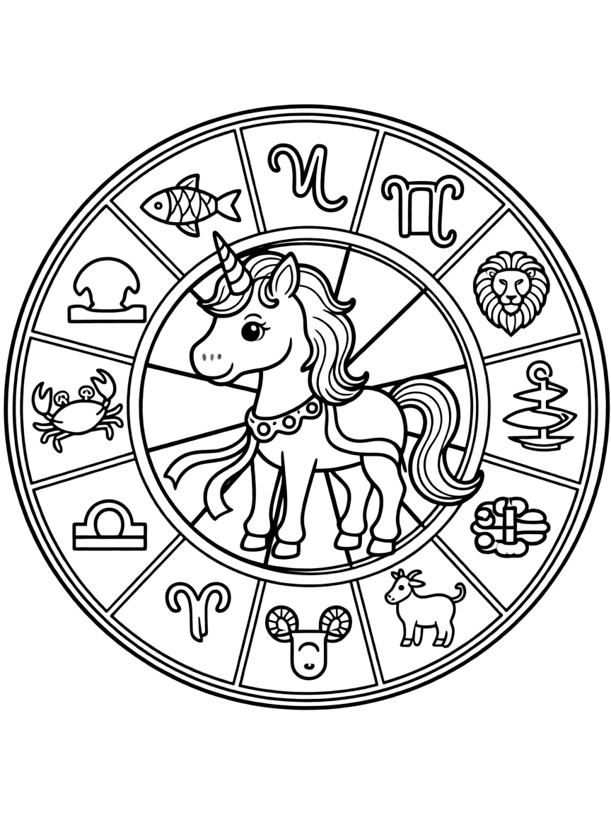 Unicorn as central figure in zodiac wheel