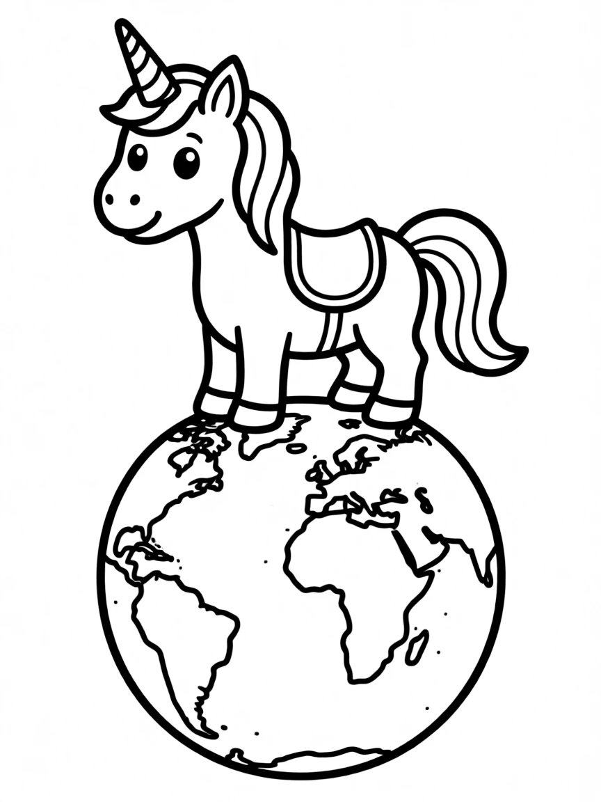 Unicorn standing on world globe with continents