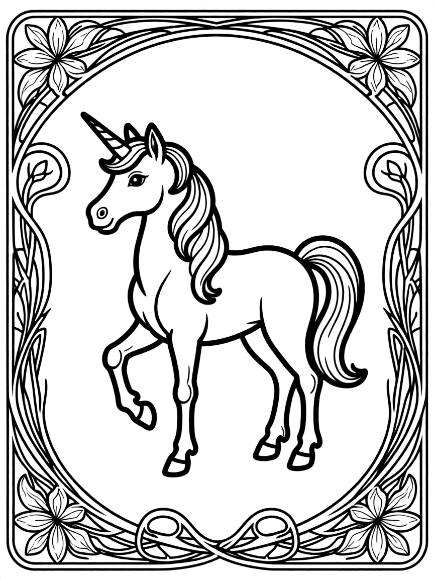 Unicorn framed in detailed Art Nouveau border