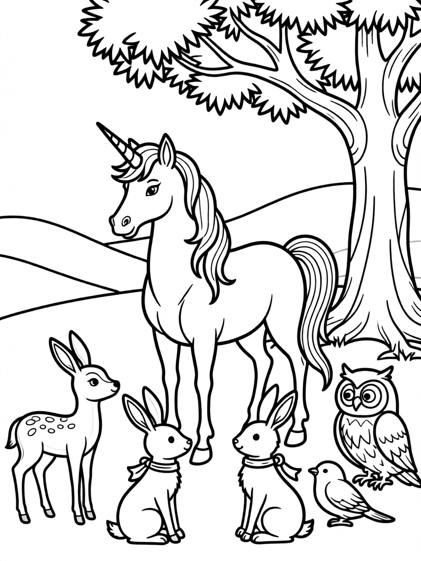 Unicorn telling ancient story to gathered creatures