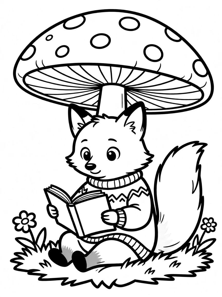 A fox in a cozy sweater reading a book under a mushroom umbrella