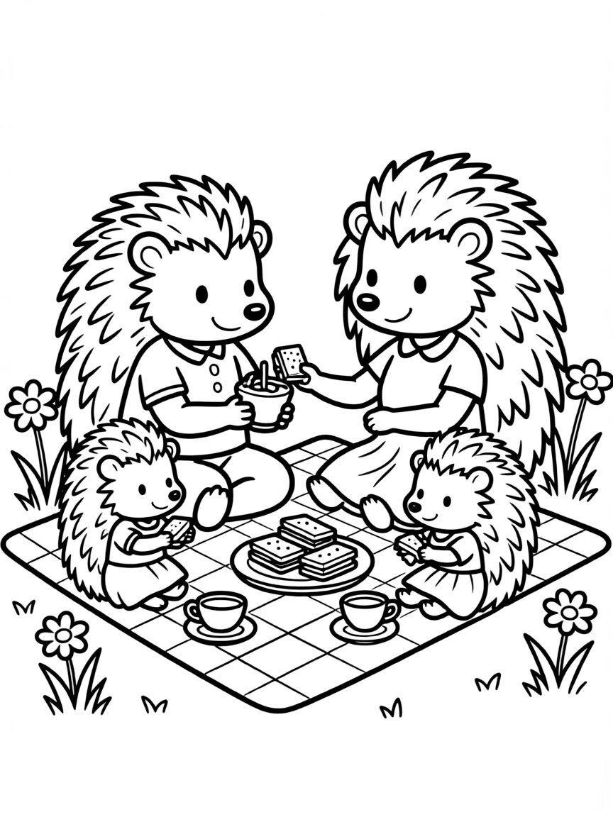 A family of hedgehogs having a picnic with tiny sandwiches and teacups