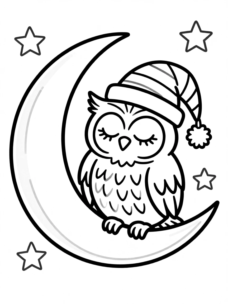 A sleepy owl wearing a nightcap perched on a crescent moon