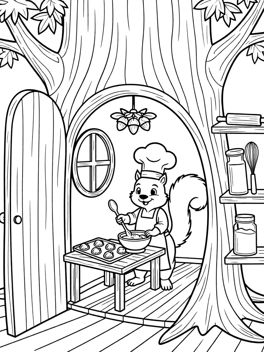 A squirrel chef baking acorn cookies in a hollow tree bakery