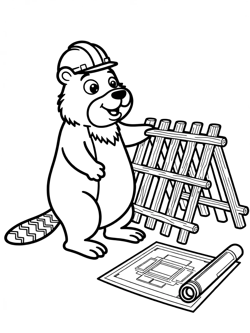 A beaver architect with hard hat and blueprints beside its dam