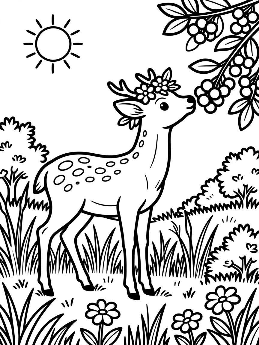 A deer wearing a flower crown picking berries in a sunny meadow