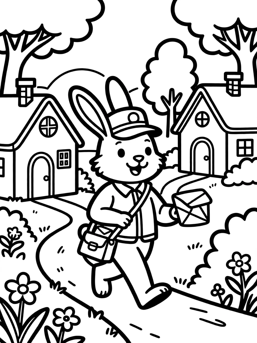 A rabbit mail carrier with a tiny letter bag delivering mail to forest homes