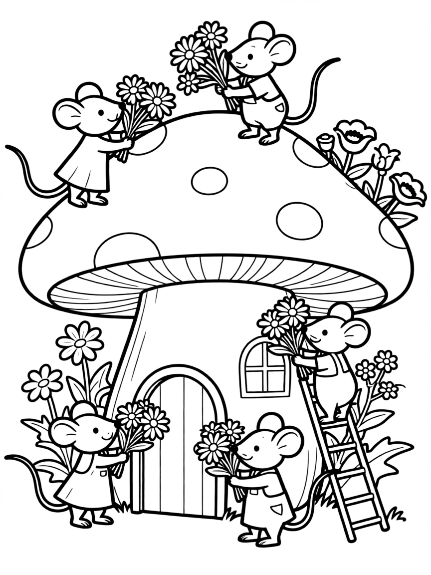 A family of mice decorating their toadstool home with wildflowers