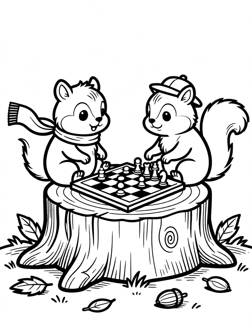 A pair of chipmunks playing checkers on a tree stump