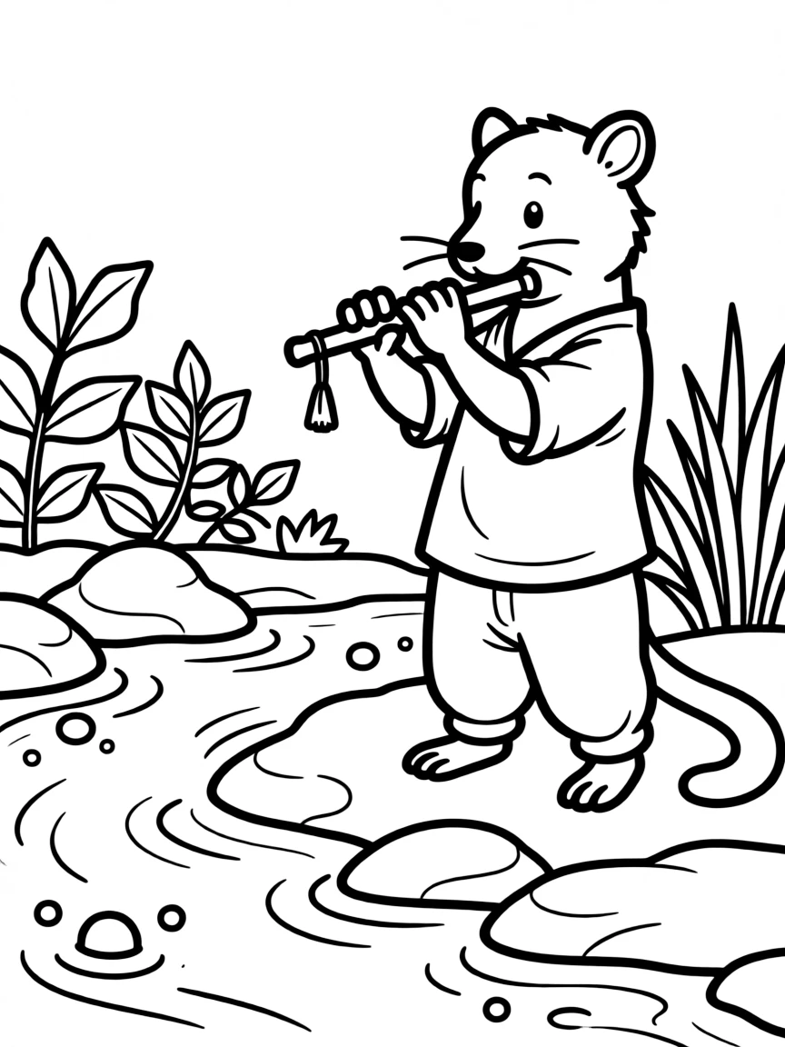 A weasel musician playing a leaf flute by a bubbling brook
