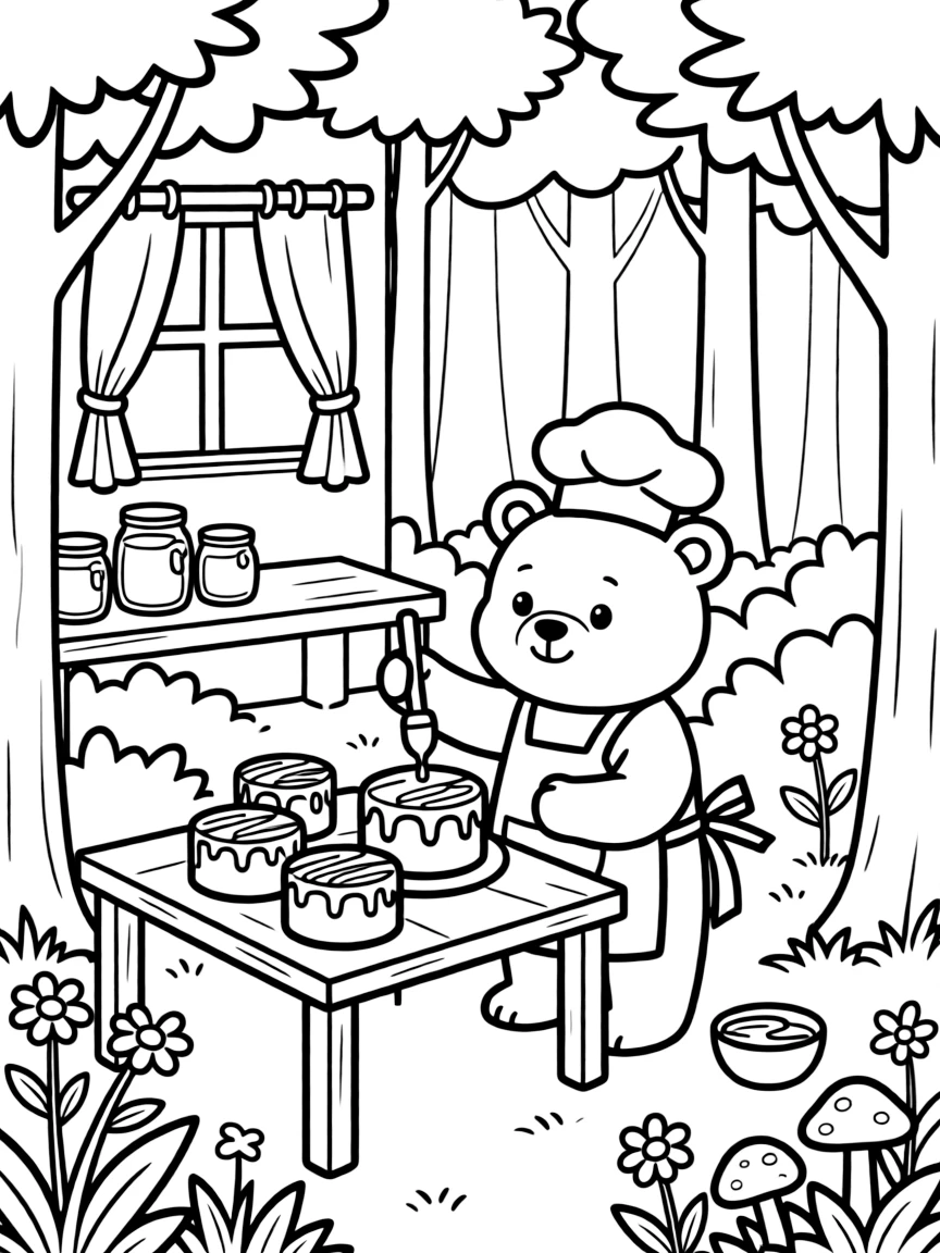 A bear cub baker frosting honey cakes in a forest kitchen