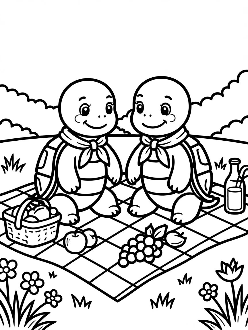 A pair of turtles with matching scarves sharing a picnic blanket
