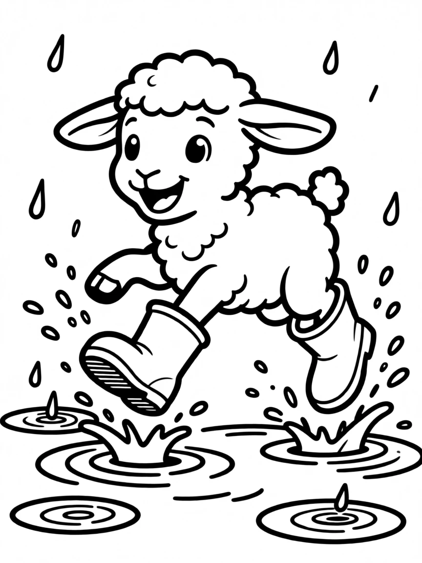 A lamb in rain boots jumping through puddles
